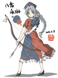 Rule 34 | 10s, 1girl, 2016, arrow (projectile), artist name, black footwear, blue dress, bow (weapon), braid, character name, dated, dress, full body, hat, high heels, holding, holding weapon, inuno rakugaki, legs apart, long hair, no socks, nurse cap, parted bangs, puffy short sleeves, puffy sleeves, red dress, shoes, short sleeves, silver hair, simple background, solo, standing, touhou, weapon, white background, yagokoro eirin, yellow eyes