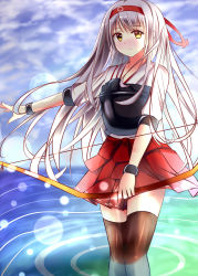 Rule 34 | 10s, 1girl, absurdres, armor, bandana, black thighhighs, bow (weapon), highres, holding, holding weapon, kantai collection, long hair, red skirt, shoukaku (kancolle), silver hair, skirt, smile, solo, thighhighs, tongtongtong, weapon, yellow eyes
