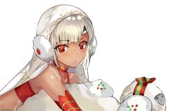 Rule 34 | 1girl, altera (fate), altera the santa (fate), bare shoulders, blush, dark-skinned female, dark skin, detached sleeves, earmuffs, fate/grand order, fate (series), from side, looking to the side, mittens, red eyes, short hair, simple background, solo, tong pole, tsurime, upper body, veil, white background, white mittens
