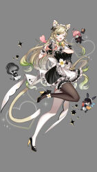 Rule 34 | 1girl, ;d, absurdres, animal ears, apron, asymmetrical bangs, asymmetrical legwear, back bow, black dress, black footwear, black pantyhose, black wrist cuffs, blonde hair, bow, bowtie, braid, bridal garter, cat ears, cat tail, character request, chibi, chibi inset, counter:side, dress, dress flower, french braid, frilled apron, frilled dress, frilled wrist cuffs, frills, from side, full body, green eyes, grey background, hands up, heart, heart hands, high heels, highres, kemonomimi mode, long hair, looking at viewer, maid, maid apron, maid headdress, maria antonov, mismatched legwear, one eye closed, open mouth, pantyhose, puffy short sleeves, puffy sleeves, short dress, short sleeves, sidelocks, single leg pantyhose, single thighhigh, smile, sparkle, tail, thighhighs, tyrolean (jubile cherries), very long hair, white apron, white bow, white thighhighs, wrist cuffs, yellow bow, yellow bowtie, yellow tail