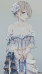 Rule 34 | 1girl, absurdres, artist name, bare shoulders, bikini, blue bow, bow, brown eyes, collarbone, commentary, cowboy shot, dated, earrings, flower, grey background, grey hair, hair flower, hair ornament, highres, honkai (series), honkai impact 3rd, jewelry, looking at viewer, navel, off-shoulder bikini, off shoulder, rita rossweisse, sarong, short hair, signature, simple background, smile, solo, standing, stomach, swimsuit, swkl:d, white flower