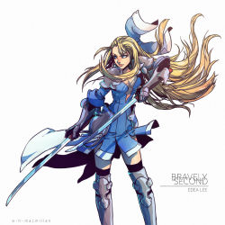 Rule 34 | 1girl, armor, armored dress, black thighhighs, blonde hair, blue dress, blue eyes, bravely default (series), bravely second: end layer, breasts, copyright name, dress, dual wielding, e.h. macmillan, edea lee, faulds, fighting stance, gauntlets, greaves, highres, holding, lips, long hair, nose, pauldrons, shoulder armor, small breasts, solo, sword, thighhighs, weapon, zettai ryouiki