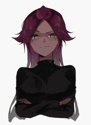 Rule 34 | 1girl, black shirt, black theme, bleach, closed mouth, commentary request, cropped torso, crossed arms, dark-skinned female, dark skin, eyelashes, highres, long hair, long sleeves, looking at viewer, parted bangs, purple hair, shihouin yoruichi, shirt, simple background, smile, smug, solo, straight-on, ui 1231, v-shaped eyebrows, white background, yellow eyes