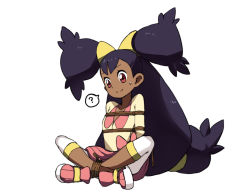 Rule 34 | 1girl, ?, absurdres, brown eyes, chimu xingcheng, closed mouth, commentary request, creatures (company), dark-skinned female, dark skin, eyelashes, full body, game freak, hair tie, highres, iris (pokemon), leggings, long hair, looking down, nintendo, pink footwear, pink skirt, plunging neckline, pokemon, pokemon bw, purple hair, shibari, shirt, shoes, simple background, sitting, skirt, solo, split mouth, spoken question mark, sweatdrop, two side up, v-neck, very long hair, white background, white leggings, yellow shirt