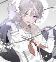 Rule 34 | 1boy, animal, animal on back, blue eyes, coat, collarbone, eyelashes, eyeliner, eyes visible through hair, fang, flower, flower necklace, fox, grey hair, hands up, highres, holding, holding clothes, holding coat, insignia, jewelry, karo (karohroka), long sleeves, looking at viewer, looking to the side, makeup, male focus, messy hair, neckerchief, necklace, open mouth, original, red eyeliner, red neckerchief, sailor collar, school uniform, simple background, solo, sun, suspenders, tsurime, white flower, white theme