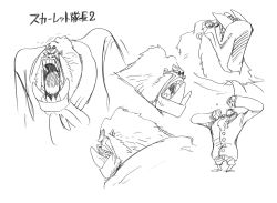 Rule 34 | 1boy, angry, character name, character sheet, clenched teeth, fangs, gorilla, grin, howling, monkey, monochrome, multiple views, oda eiichirou, official art, one piece, one piece: strong world, scarlet (one piece), serious, smile, teeth, translation request