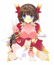 Rule 34 | 1girl, armor, axe, blue eyes, blunt bangs, blush, blush stickers, bracelet, breasts, brown hair, capcom, crown, detached sleeves, diaper, flower, frown, gloves, hair flower, hair ornament, hairband, jewelry, lace, lace-trimmed legwear, lace trim, large breasts, melahoa, melahoa (armor), messy, monster hunter (series), pig, plant, poogie, seiza, short hair, short shorts, shorts, simple background, sitting, spread legs, thighhighs, thorns, turtleneck, v, vines, weapon, zettai ryouiki