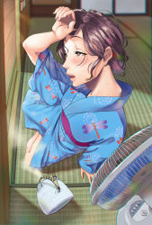 Rule 34 | 1girl, architecture, blush, brown eyes, brown hair, dripping, east asian architecture, electric fan, fisheye, from above, hand fan, highres, hot, japanese clothes, kimono, messy hair, open mouth, original, parted lips, saijo-m, shouji, sliding doors, sunlight, sweat, tatami, wiping forehead, wiping sweat, yukata