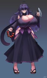 Rule 34 | @ @, absurdres, adapted costume, alternate breast size, black dress, breasts, cleavage, creatures (company), dress, game freak, gigantic breasts, gipehtyboo, gohei, hairband, hex maniac (pokemon), highres, huge breasts, japanese clothes, long dress, messy hair, miko, nintendo, poke ball, poke ball (legends), pokemon, pokemon legends: arceus, purple hairband, solo