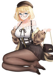 Rule 34 | 1girl, abab xiaxia, bag, bare shoulders, black-framed eyewear, black hat, black skirt, blonde hair, blue eyes, blush, breasts, brown pantyhose, closed mouth, coat, collarbone, commentary request, earrings, full body, glasses, hair ornament, hairclip, handbag, hat, heart, heart earrings, high-waist skirt, highres, holding, holding bag, hololive, hololive english, jewelry, key, key necklace, long sleeves, looking at viewer, medium breasts, miniskirt, necklace, no shoes, off-shoulder shirt, off shoulder, open clothes, open coat, pantyhose, plaid, plaid coat, round eyewear, shirt, short hair, sitting, skirt, sleeves past wrists, smile, solo, virtual youtuber, watson amelia, watson amelia (street casual), white shirt, x hair ornament, yokozuwari, zipper pull tab