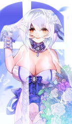 Rule 34 | 1girl, alternate costume, azur lane, bare shoulders, bouquet, bow, breasts, bridal veil, cleavage, detached collar, dress, flower, garter straps, hair between eyes, hair flower, hair ornament, hairband, highres, lace, lace-trimmed hairband, lace trim, large breasts, lingerie, looking at viewer, red eyes, short hair, silver hair, sirius (azur lane), smile, thighhighs, underwear, veil, vv (19357635), wedding dress