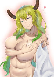 Rule 34 | 10s, 1girl, bad id, bad pixiv id, blonde hair, blush, breast hold, breasts, cleavage, covering privates, covering breasts, dragon girl, dragon horns, fingernails, gradient hair, green eyes, green hair, heart, heterochromia, highres, holding, holding towel, horns, huge breasts, huihuimao, kobayashi-san chi no maidragon, long hair, looking at viewer, lucoa (maidragon), multicolored hair, nail, navel, nude, plump, purple eyes, smile, solo, towel, upper body, yellow pupils
