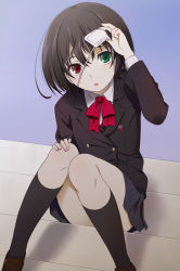 Rule 34 | 10s, 1girl, :o, another, black hair, black socks, blazer, eyepatch, eyepatch lift, green eyes, heterochromia, jacket, kneehighs, lifting own clothes, loafers, looking at viewer, mattaku mousuke, misaki mei, open mouth, pleated skirt, red eyes, school uniform, shoes, short hair, sitting, skirt, socks, solo, stairs