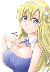 Rule 34 | 1girl, adapted costume, blonde hair, blue eyes, blue shirt, breasts, cleavage, commentary request, double bun, fletcher (kancolle), fletcher mk ii (kancolle), hair bun, hair ornament, hairband, hand on own hip, highres, kantai collection, large breasts, long hair, looking at viewer, matsuura@parao, one-hour drawing challenge, shirt, simple background, sleeveless, sleeveless shirt, smile, solo, star (symbol), star hair ornament, white background, white hairband
