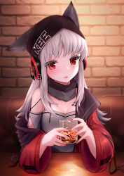 Rule 34 | 1girl, absurdres, animal ears, arknights, beanie, black hat, black scarf, blush, breasts, brick wall, commentary request, cup, drinking glass, ears through headwear, eyelashes, fox ears, frostleaf (arknights), hat, headphones, highres, holding, holding cup, ice, ice cube, implied extra ears, jacket, long hair, looking at viewer, material growth, mitsukii, nail polish, off-shoulder shirt, off shoulder, open clothes, open jacket, oripathy lesion (arknights), parted lips, red eyes, red jacket, red nails, scarf, shirt, silver hair, solo, upper body, wide sleeves