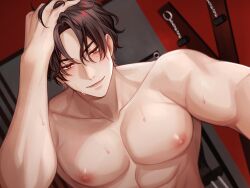 Rule 34 | 1boy, abs, azmada itto, bishounen, blush, brown hair, collarbone, exercise machine, hand up, highres, male focus, nipples, official art, parted bangs, pectorals, red eyes, selfie, short hair, smile, solo, sweat, topless male, upper body