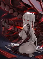 Rule 34 | 10s, 1girl, abyssal ship, aircraft carrier princess, ass, back, barefoot, breasts, cannon, crop top, crop top overhang, dress, feet, gauntlets, hand on own chest, highres, kano sakurai, kantai collection, large breasts, long hair, looking at viewer, looking to the side, machinery, no pants, nude, one side up, open mouth, red eyes, sailor collar, seiza, shoulder blades, shouye ying, side ponytail, sitting, sleeveless, sleeveless dress, slit pupils, solo, toeless legwear, toes, torn clothes, torn dress, turret, very long hair, white hair