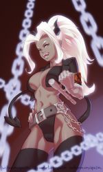 Rule 34 | 1girl, absurdres, bad id, bad twitter id, belt, black horns, black tail, blank eyes, breasts, chain, clawed gauntlets, curvy, demon girl, demon horns, demon tail, gloves, grey eyes, helltaker, highres, horns, judgement (helltaker), large breasts, leather bikini, long hair, long sleeves, looking at viewer, open mouth, self-upload, simple background, smile, solo, stomach, tail, thighs, upsi1on, white eyes, white hair