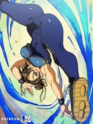 Rule 34 | 1girl, ass, blush, breasts, brown hair, cameltoe, capcom, chun-li, from above, kicking, leggings, legs, legs apart, looking at viewer, solo, street fighter, street fighter zero (series), thighs, upside-down