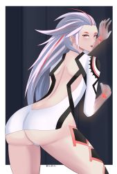 Rule 34 | 1girl, absurdres, ai: the somnium files, aiba (ai: the somnium files), ass, blush, bodysuit, butt crack, from behind, highres, long hair, looking at viewer, looking back, multicolored hair, open mouth, red eyes, red hair, solo, streaked hair, tiredtorto, two-tone hair, very long hair, white bodysuit, white hair