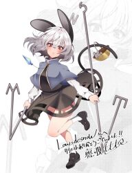 Rule 34 | 1girl, animal ears, basket, black footwear, capelet, commentary, commission, crossed bangs, dowsing rod, dress, full body, grey capelet, grey dress, grey hair, jewelry, kamenozoki momomo, long sleeves, looking at viewer, mouse (animal), mouse ears, mouse girl, mouse tail, nazrin, parted lips, pendant, red eyes, short hair, skeb commission, socks, tail, touhou, white background, white socks, zoom layer