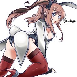 Rule 34 | 1girl, alternate costume, animal ears, ass, black collar, black gloves, black leotard, blue eyes, bow, bowtie, breasts, brown hair, character name, collar, commentary request, detached collar, fake animal ears, fingerless gloves, gloves, hair between eyes, kantai collection, large breasts, leotard, looking at viewer, one-hour drawing challenge, playboy bunny, ponytail, rabbit ears, rabbit tail, red bow, red bowtie, saratoga (kancolle), side ponytail, sidelocks, simple background, solo, tail, tailcoat, thighhighs, udukikosuke, white background, white bow, white bowtie
