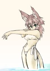 Rule 34 | 1girl, animal ear fluff, animal ears, animal nose, beige background, bikini, bikini bottom only, em (akunomachine), furry, furry female, green eyes, gundam, gundam build divers, gundam build divers re:rise, looking at viewer, maiya (gundam build divers re:rise), navel, outstretched arm, solo, strapless, swimsuit, tail, tube top, water