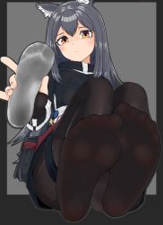 Rule 34 | 1girl, 3cc1a, animal ears, arknights, black border, black gloves, black hair, black pantyhose, border, closed mouth, dirty, feet, fingerless gloves, fingernails, foot focus, foreshortening, full body, gloves, grey background, highres, holding, jacket, long hair, long sleeves, looking at viewer, nail polish, pantyhose, pink nails, shoe insert, simple background, soles, solo, texas (arknights), toes, white jacket, wolf ears, wolf girl, yellow eyes