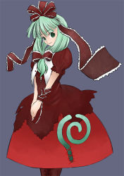 Rule 34 | 1girl, blush, bow, cowboy shot, dress, female focus, frills, front ponytail, green eyes, green hair, hair bow, itsukage, kagiyama hina, long hair, looking at viewer, matching hair/eyes, own hands together, pantyhose, red bow, red dress, red pantyhose, shawl, solo, standing, touhou, v arms, wrist cuffs