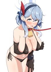 Rule 34 | 1girl, absurdres, ako (blue archive), arm under breasts, bell, bikini, black bikini, black gloves, blue archive, blue eyes, blue hair, blush, breasts, cleavage, collar, covered erect nipples, cowbell, ear piercing, elbow gloves, gloves, halo, highres, large breasts, leaning forward, leash, medium hair, navel, neck bell, piercing, red collar, seihekiog, side-tie bikini bottom, simple background, solo, stomach, swimsuit, v-shaped eyebrows, white background