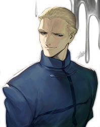 Rule 34 | 1boy, artist name, azusa (hws), blonde hair, blue eyes, close-up, closed mouth, collar, fate/grand order, fate/zero, fate (series), formal, kayneth el-melloi archibald, light, long sleeves, looking to the side, male focus, mercury (element), raised eyebrow, simple background, smile, smug, solo, standing, upper body, veins, volumen hydragyrum (fate)
