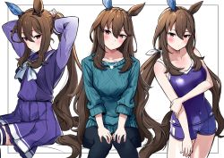Rule 34 | 1girl, absurdres, admire vega (umamusume), animal ears, arm under breasts, blue sweater, brown eyes, brown hair, cowboy shot, ear covers, grabbing own arm, highres, holding, holding tray, horse ears, horse girl, long hair, looking at viewer, low ponytail, multiple views, school uniform, single ear cover, sitting, solo, sweater, swimsuit, totoki86, tracen school uniform, tracen swimsuit, tray, tying hair, umamusume, very long hair, winter uniform