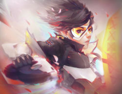 Rule 34 | 1girl, asevc, black gloves, bomber jacket, brown hair, brown jacket, chest harness, gloves, goggles, harness, highres, jacket, lips, overwatch, overwatch 1, parted lips, solo, swept bangs, tracer (overwatch), union jack