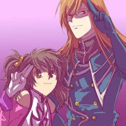 Rule 34 | 00s, 1boy, 1girl, anise tatlin, jade curtiss, jpeg artifacts, lowres, oekaki, purple background, salute, tales of (series), tales of the abyss