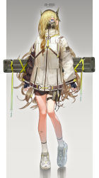 Rule 34 | 1girl, absurdres, bandaid, bandaid on leg, barcode, bike shorts, black gloves, blonde hair, blue eyes, case, fingerless gloves, full body, gas mask, gloves, hair over one eye, headgear, highres, jacket, long hair, mask, mouth mask, original, ponytail, pouch, shoes, sneakers, socks, solo, symbol-shaped pupils, thigh pouch, thigh strap, watermark, white footwear, yyydddd0