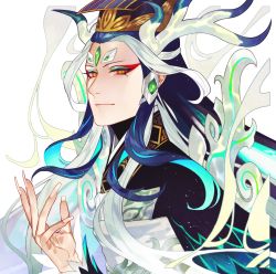 Rule 34 | 1boy, androgynous, antlers, black hair, chinese clothes, eyeshadow, fate/grand order, fate (series), fingernails, forehead jewel, guan hat, horns, long fingernails, long hair, makeup, male focus, mian guan, multicolored hair, red eyes, red eyeshadow, shi huang di (fate), shi huang di (third ascension) (fate), sidelocks, sindri, solo, two-tone hair, very long hair, white hair