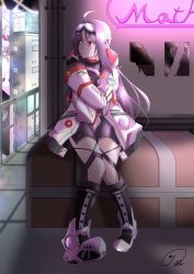 Rule 34 | 1girl, :t, ;), absurdres, ahoge, alternate costume, boots, character request, cyberpunk, fingerless gloves, gloves, goggles, goggles on head, high heels, highres, knee boots, konno yuuki (sao), long hair, looking to the side, maximum7010, one eye closed, purple hair, red eyes, red gloves, smile, solo, sword art online, sword art online the movie: ordinal scale, thighs, yuuki (sao)