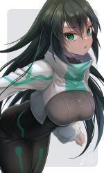 Rule 34 | 1girl, :o, ari (xxrmsn 008), bent over, black bodysuit, black hair, bodysuit, border, breasts, commentary, cowboy shot, cropped jacket, double-parted bangs, green eyes, grey background, gundam, gundam build divers, gundam build divers re:rise, hair between eyes, high collar, highres, jacket, large breasts, long hair, long sleeves, looking at viewer, may (gundam build divers re:rise), outside border, outstretched arm, parted lips, signature, skin tight, solo, standing, very long hair, white border, white jacket, wide sleeves