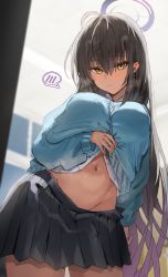 Rule 34 | 1girl, absurdres, ahoge, black hair, black skirt, blue archive, blue cardigan, blush, breasts, cardigan, closed mouth, clothes lift, contrapposto, cowboy shot, dark-skinned female, dark skin, earrings, gradient hair, groin, halo, hand on own hip, highres, horn/wood, indoors, jewelry, karin (blue archive), large breasts, lifting own clothes, looking at viewer, miniskirt, multicolored hair, navel, pleated skirt, purple hair, shirt lift, skirt, smile, solo, speech bubble, spoken blush, stomach, sweat, yellow eyes