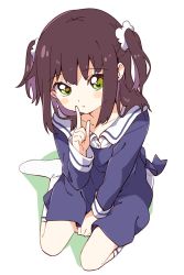 Rule 34 | 1girl, blush stickers, brown hair, character request, closed mouth, collarbone, copyright request, finger to mouth, full body, green eyes, highres, index finger raised, kneehighs, long hair, looking at viewer, namori, scrunchie, short twintails, simple background, sitting, socks, solo, twintails, two side up, wariza, white background, white socks