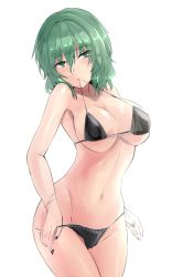 Rule 34 | 1girl, bare arms, bare shoulders, bikini, bikini pull, black bikini, black nails, blush, breasts, clothes pull, commentary request, cowboy shot, green eyes, green hair, groin, hair between eyes, head tilt, highres, kazami yuuka, large breasts, mouth hold, nail polish, navel, one-hour drawing challenge, shiny skin, short hair, simple background, solo, standing, stomach, swimsuit, thighs, touhou, white background, y2