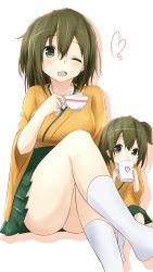 Rule 34 | 10s, 2girls, aged down, brown hair, commentary request, cup, grey eyes, heart, highres, hiryuu (kancolle), if they mated, kantai collection, looking at viewer, mother and daughter, multiple girls, one eye closed, open mouth, saku (kudrove), short hair, side ponytail, skirt, smile, teacup, wink