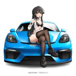 Rule 34 | 1girl, absurdres, aqua hair, black choker, black footwear, black hair, black thighhighs, breasts, car, choker, collaboration, commentary, crossed legs, earrings, english commentary, flor (freshtango), freshtango, full body, grey eyes, highres, jestami, jewelry, long hair, looking at viewer, mole, mole under eye, motor vehicle, multicolored hair, open clothes, open mouth, open shirt, original, porsche, shirt, simple background, sitting, small breasts, solo, streaked hair, sweatband, thighhighs, two-tone hair, vehicle request, white background, white shirt