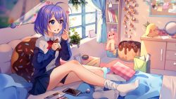Rule 34 | 1girl, ahoge, artist name, bedroom, blue eyes, blue jacket, blue skirt, blurry, blurry background, bow, box, bulletin board, candy, cellphone, chocolate, chocolate bar, collared shirt, commentary, commission, curtains, depth of field, dress shirt, english commentary, food, food on face, hair between eyes, heart, holding, holding food, hyanna-natsu, indoors, jacket, mirror, no shoes, off shoulder, on bed, open clothes, open jacket, original, parted lips, phone, pillow, pleated skirt, purple hair, red bow, school uniform, shirt, short hair, skirt, socks, soles, solo, stuffed animal, stuffed bird, stuffed rabbit, stuffed toy, watermark, white shirt, white socks, window