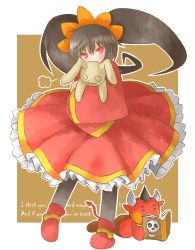 Rule 34 | 1girl, ashley (warioware), black hair, black pantyhose, blush, book, commentary request, covering own mouth, demon, dress, english text, frilled dress, frills, full body, hair between eyes, hairband, highres, holding, holding stuffed toy, long hair, long sleeves, lying, nintendo, non (wednesday-classic), on stomach, open book, orange hairband, outline, pantyhose, reading, red (warioware), red dress, red eyes, red footwear, shoes, skull, standing, stuffed animal, stuffed rabbit, stuffed toy, twintails, two-tone background, warioware, white outline, wide sleeves