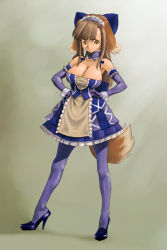 Rule 34 | 1girl, animal ears, bare shoulders, bow, breasts, choker, cleavage, dog ears, dog tail, dress, elbow gloves, gloves, hair bow, hands on own hips, high heels, highres, large breasts, long hair, maid, maid headdress, mimosa211, original, pantyhose, purple pantyhose, shoes, solo, tail, wrist cuffs