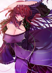 Rule 34 | 1girl, arm over head, breasts, cleavage, commentary, contrapposto, covered navel, detached collar, dress, fate/grand order, fate (series), glowing, glowing eyes, headpiece, holding, holding wand, large breasts, long hair, long sleeves, looking to the side, march ab, pantyhose, purple dress, purple hair, red eyes, scathach (fate), scathach skadi (fate), sidelocks, signature, solo, standing, wand, wide sleeves