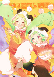 Rule 34 | 2girls, ami7, animal costume, animal ears, bad id, bad pixiv id, baozi, blonde hair, blush, bowl, chinese clothes, closed eyes, fang, food, green eyes, green hair, gumi, hair ornament, hairclip, hat, highres, kagamine rin, meandros, multiple girls, noodles, open mouth, outstretched arms, panda costume, panda hat, ramen, red eyes, short hair, smile, vocaloid, yi er fan club (vocaloid)