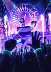 Rule 34 | 2girls, animal ears, arms up, belt, black skirt, blue shirt, breasts, brown hair, clenched hand, concert, crop top, crowd, daitaku helios (umamusume), flag, glowstick, highres, holding, holding flag, horse ears, horse girl, horse tail, jacket, long hair, mejiro palmer (umamusume), midriff, moko39 takasora, multicolored hair, multiple girls, navel, open mouth, shirt, shoes, side ponytail, skirt, small breasts, smile, stage, stage lights, standing, streaked hair, tail, tied shirt, umamusume, v, white jacket, wristband, yellow shirt