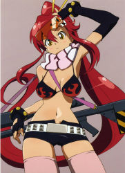 Rule 34 | 00s, 1girl, bikini, bikini top only, blush, breasts, elbow gloves, glasses, gloves, gun, highres, large breasts, long hair, ponytail, red hair, rifle, scan, scarf, short shorts, shorts, solo, striped clothes, striped scarf, swimsuit, tengen toppa gurren lagann, thighhighs, weapon, yellow eyes, yoko littner